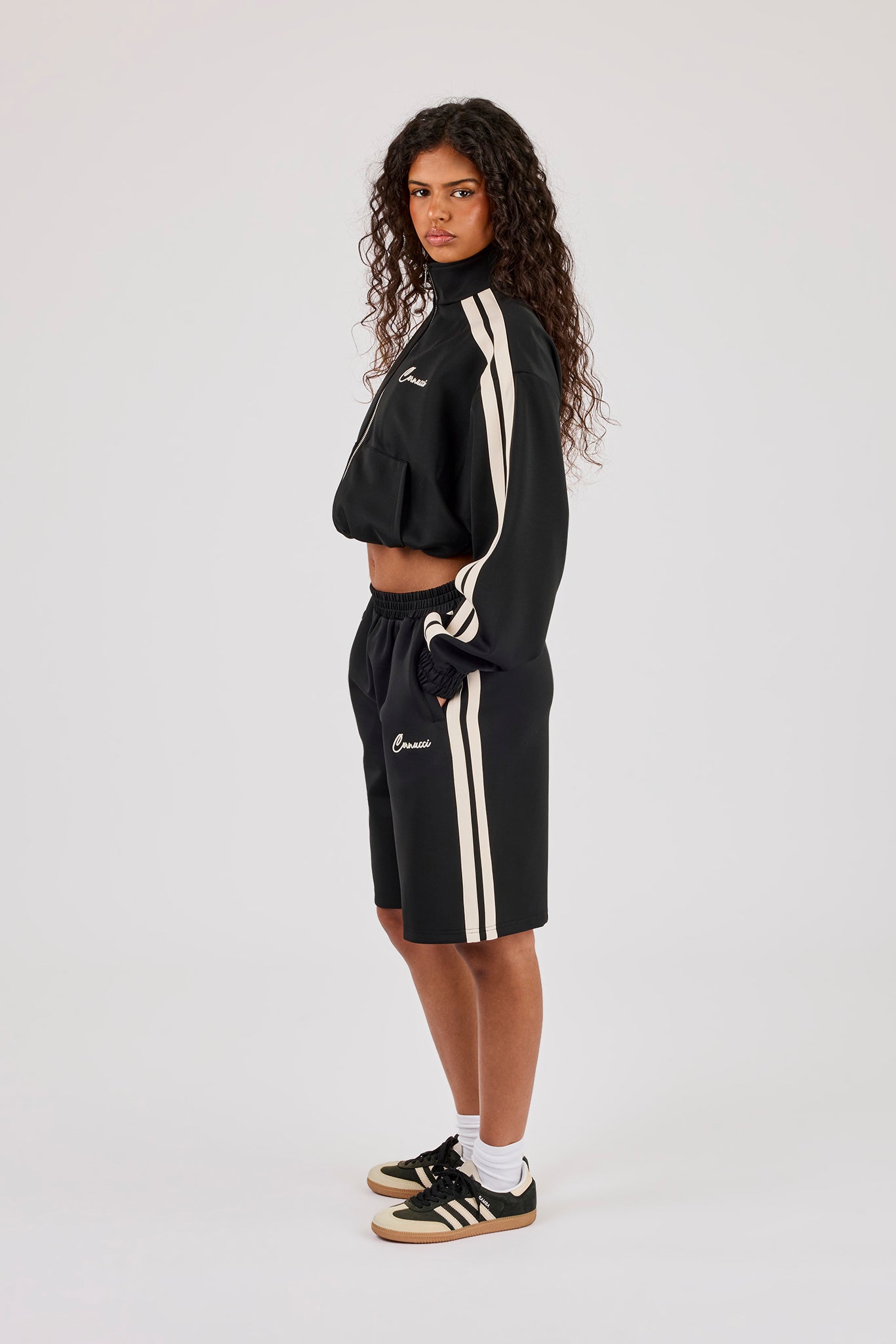 Taping Cropped Funnel Neck Jacket & Jort - Black